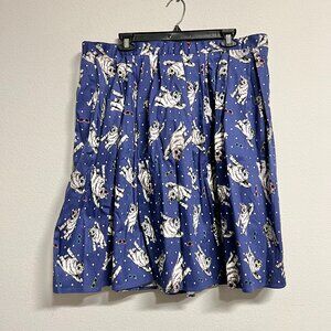 Taydey A-Line Pleated Blue/Cat Print Vintage Style Knee Length Skirt